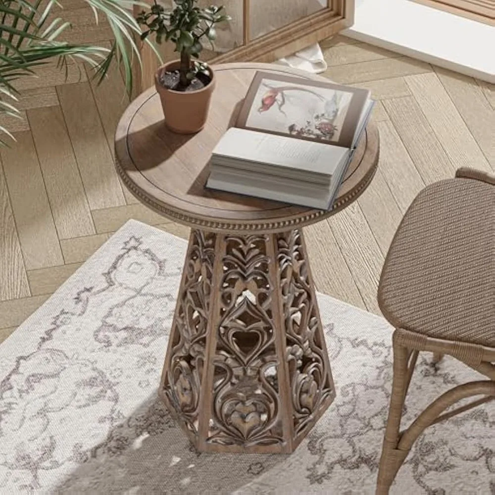 Vintage-Style Round Wooden Side Table with Detailed Carved Flowers, Suitable for Bohemian Living Room Decor