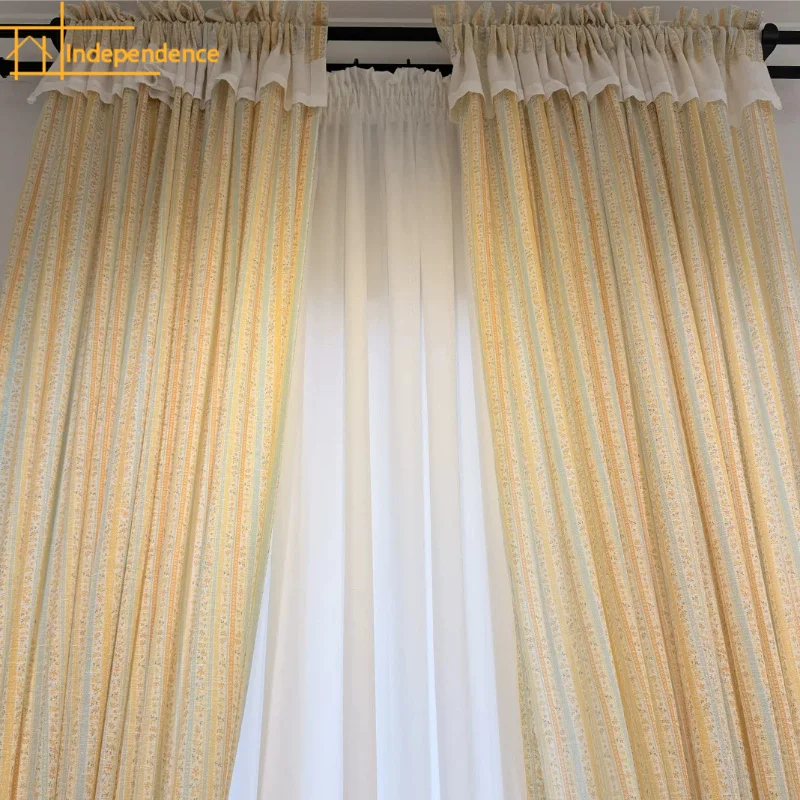 New Retro Countryside Floral Yellow Gauze Curtain with Skirt Stitching Curtains for Bedroom Living Room Balcony Bay Window