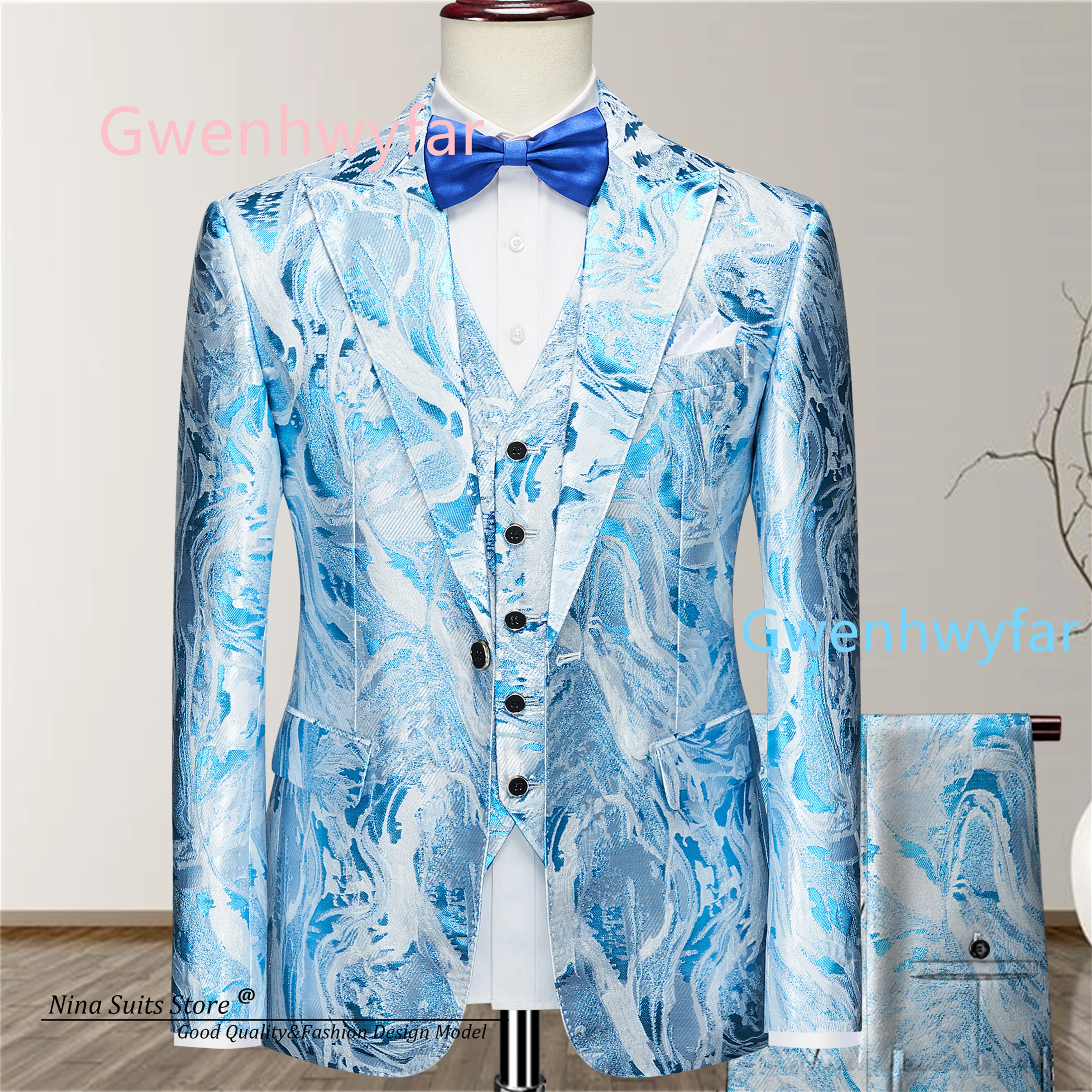 

Gwenhwyfar костюмы на заказ жаккардовые смокинги для жениха и отца 2026 новые сине-белые костюмы с узором блейзер жилет брюки
