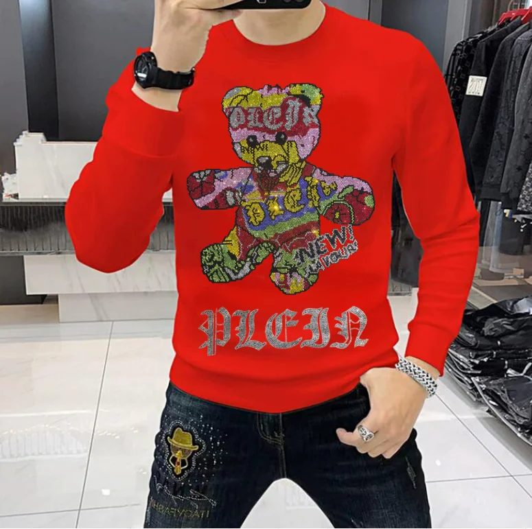 Designer Rhinestone  pullover Sweatshirt   for holiday winter Casual Male Tops drop shipping