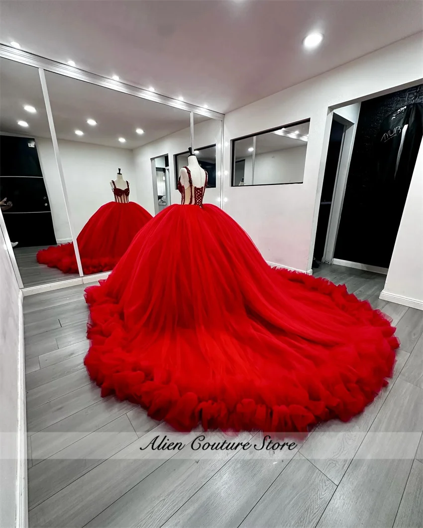 2024 Red Quinceanera Dress Ruffles With Beaded Crystal Corset Sweet 16 Birthday Party Formal Wear Dress Vestidos De 15 Años