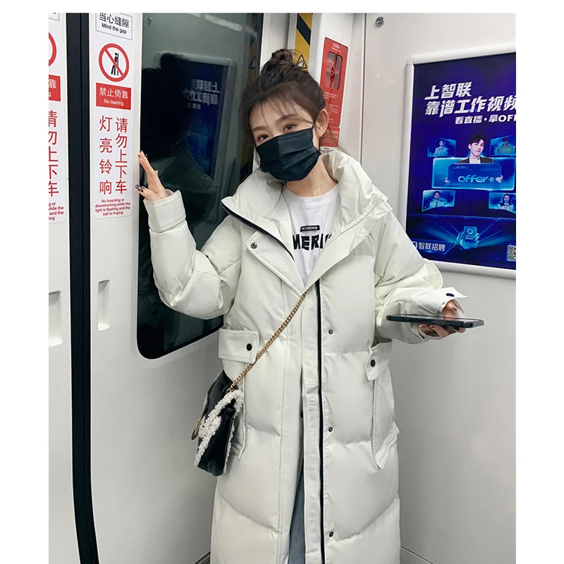 Women White Down Clothes Long Casual Duck Down Windproof Warm Baggy Hooded Coat Fashion Puffer Padded Outwear Tops Winter