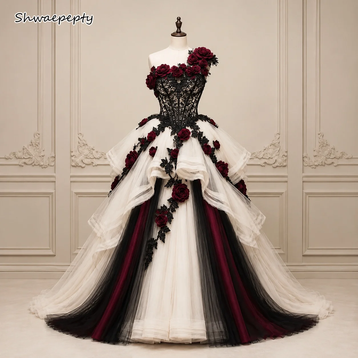 Gotisches Schwarzes Burgunderrotes Hochzeitskleid Einschultriges Elfenbeinfarbenes Tüll-Ballkleid Spitzen-Korsett 3D-Blumen Mittelalterliche Brautkleider Maßanfertigung