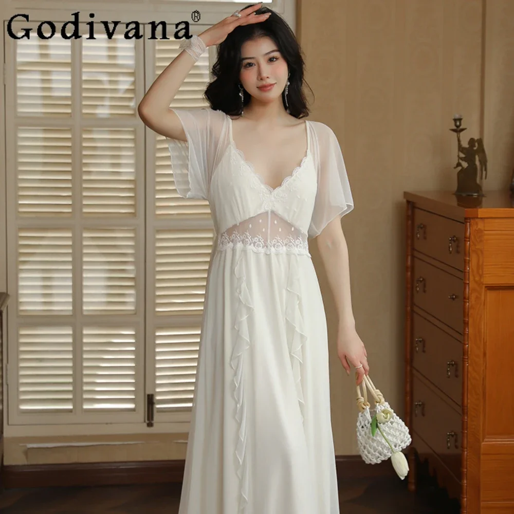 

Summer Nightgown Women's French Court Style Sleepwear Beautiful Cotton Pajamas with Chest Pads Sexy Lace Nightwear Women