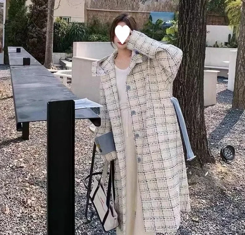 

Winter Plaid Woolen Coat Women's Korean Style Design Hat Coat Spring Autumn Winter Outerwear Fashion Brand