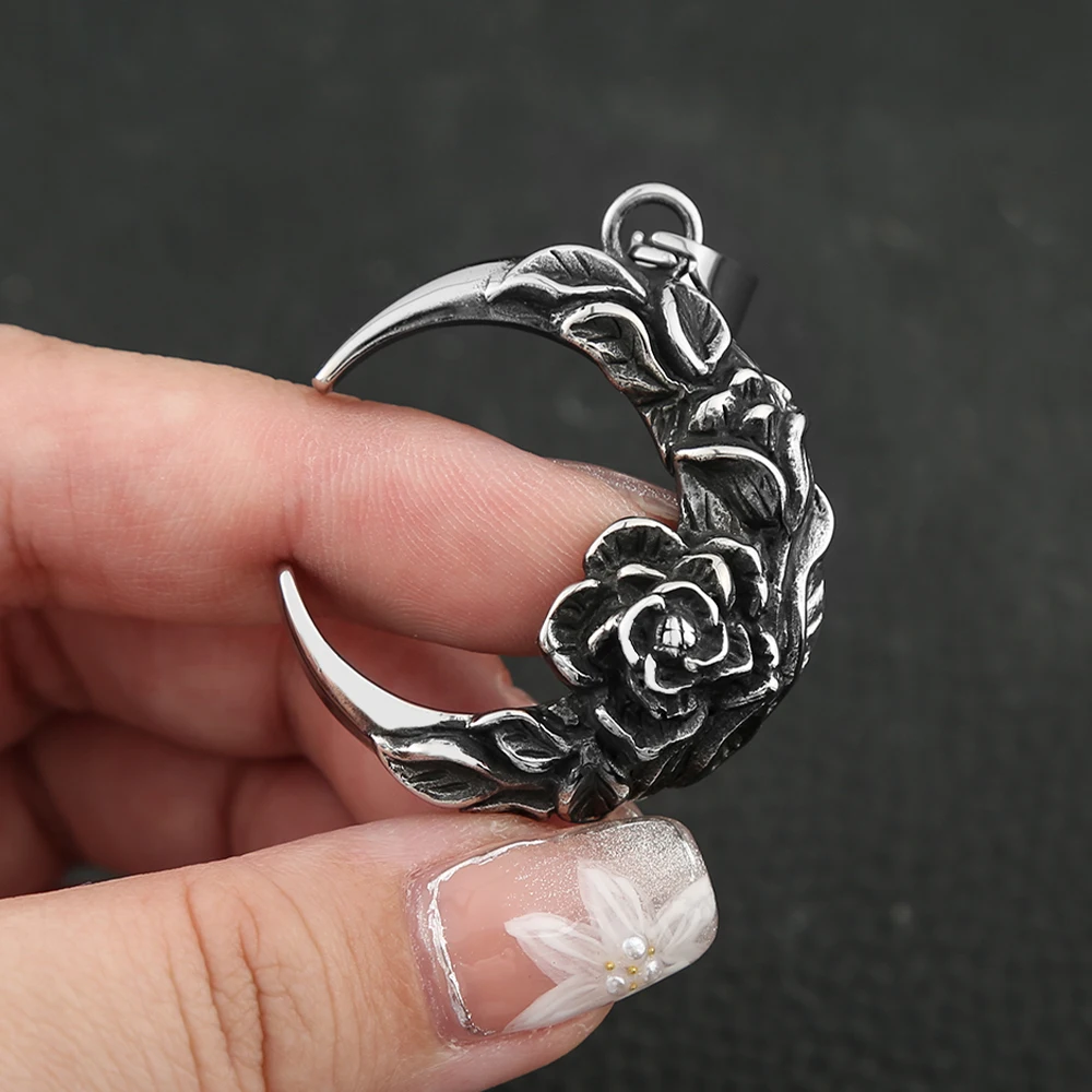 Punk Vintage 316L Stainless Steel Moon And Night Pendant With Rose For Men Women Biker Fashion Creative Jewelry Gifts Wholesale