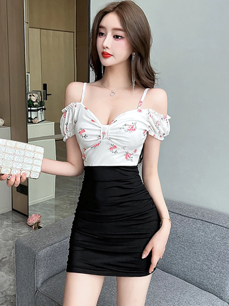 

Summer Black Patchwork White Floral Mesh Chic Off Shoulder Sexy Dress Women Elegant Short Dress 2025 Korean Bodycon Party Dress