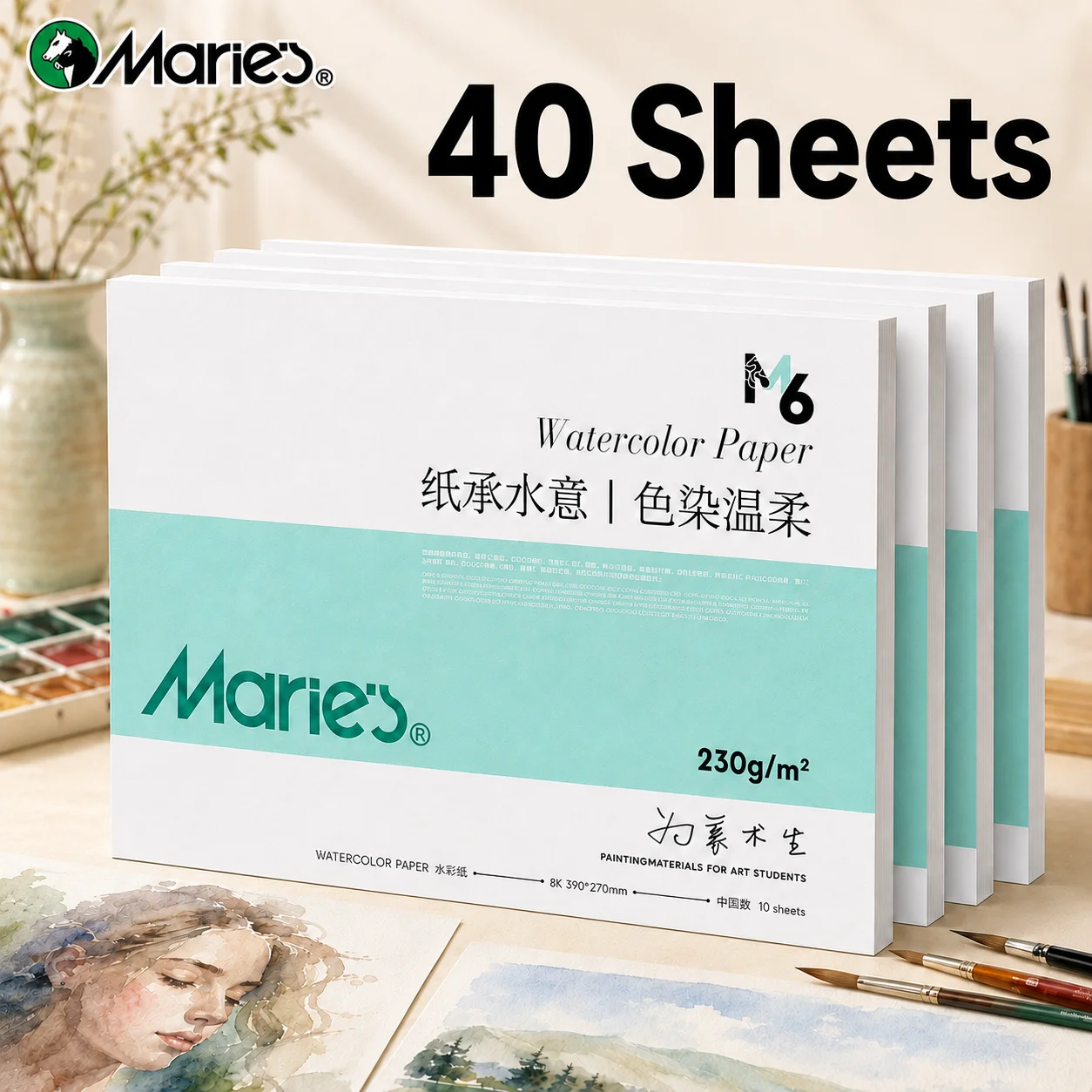 40 Sheets 8K Marie's Watercolor Paper Book, 230gsm/110lb Paper for Repeated Practice,Color Mixing,Illustration