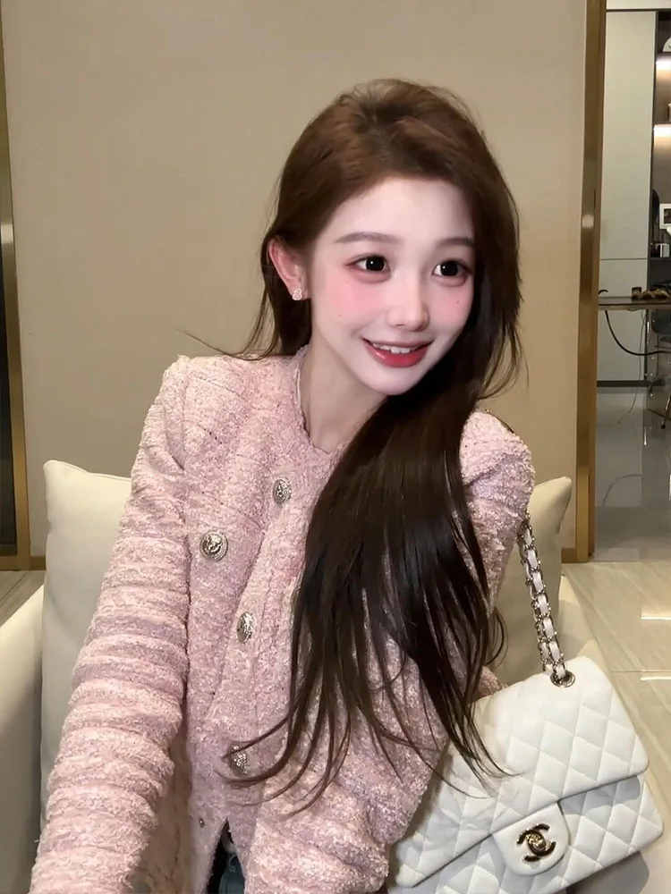 韓国風ピンクウールコート レディース 冬服 ファッション ユニーク 美しいボタンアップトップ レディース スタンドフィットジャケット