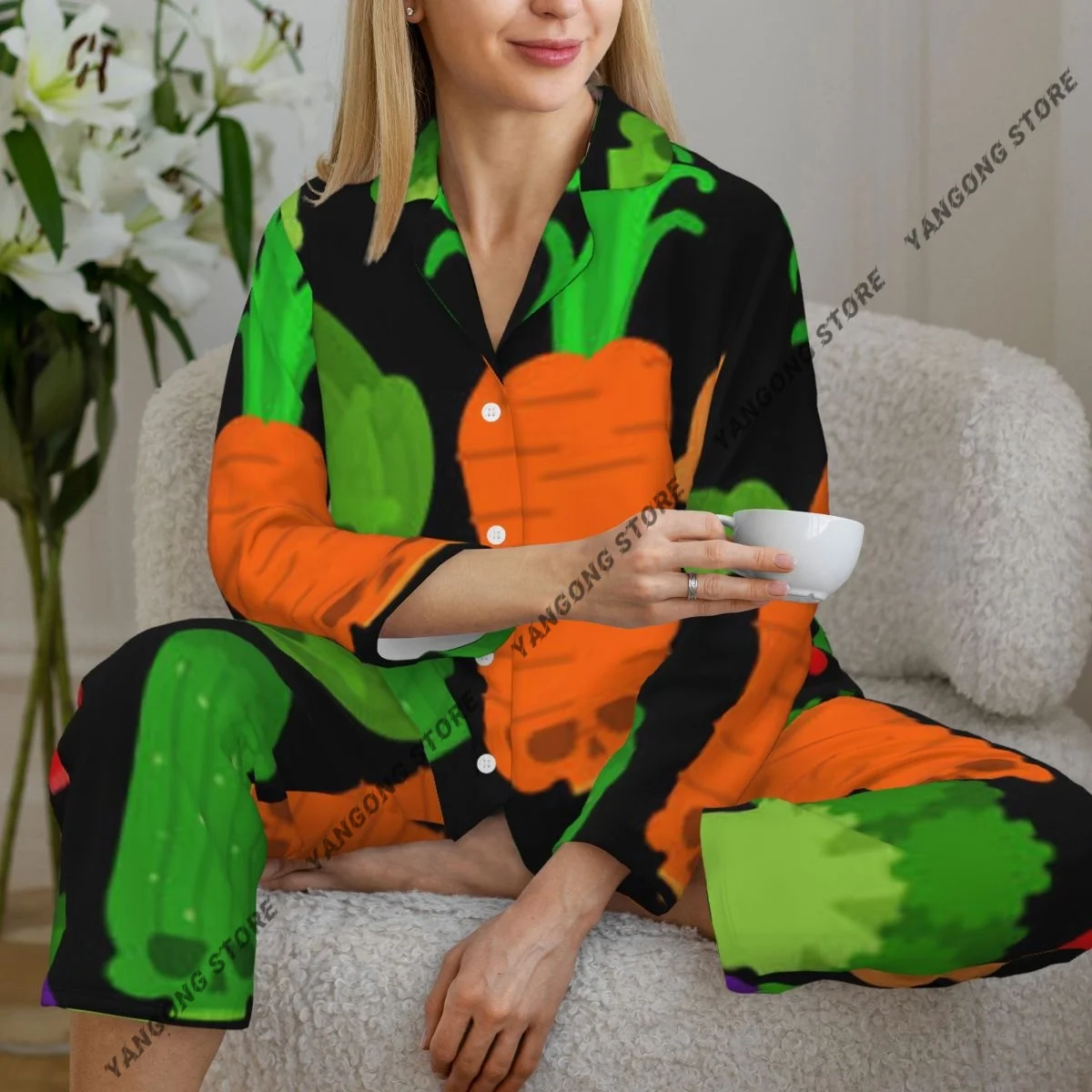 

Women Sleepwear Pajamas Skull Vegetables Pattern Long Sleeve Pijama Female Set Negligee Cardigan Suit