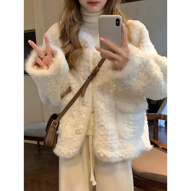 

Lamb Wool Imitation Rabbit Fur Autumn Winter Casual Women Coats Fashion Female Long Sleeve Jacket Crop Tops Cardigans