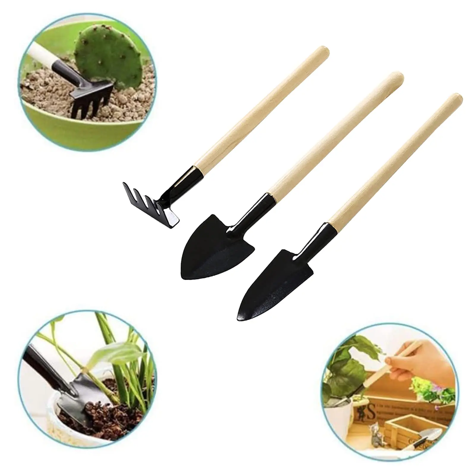 3-piece Mini Garden Pot Tool Wooden Handle Shovel Rake Shovel Multi-functional Household Plant Bonsai Soil Loosening Tool