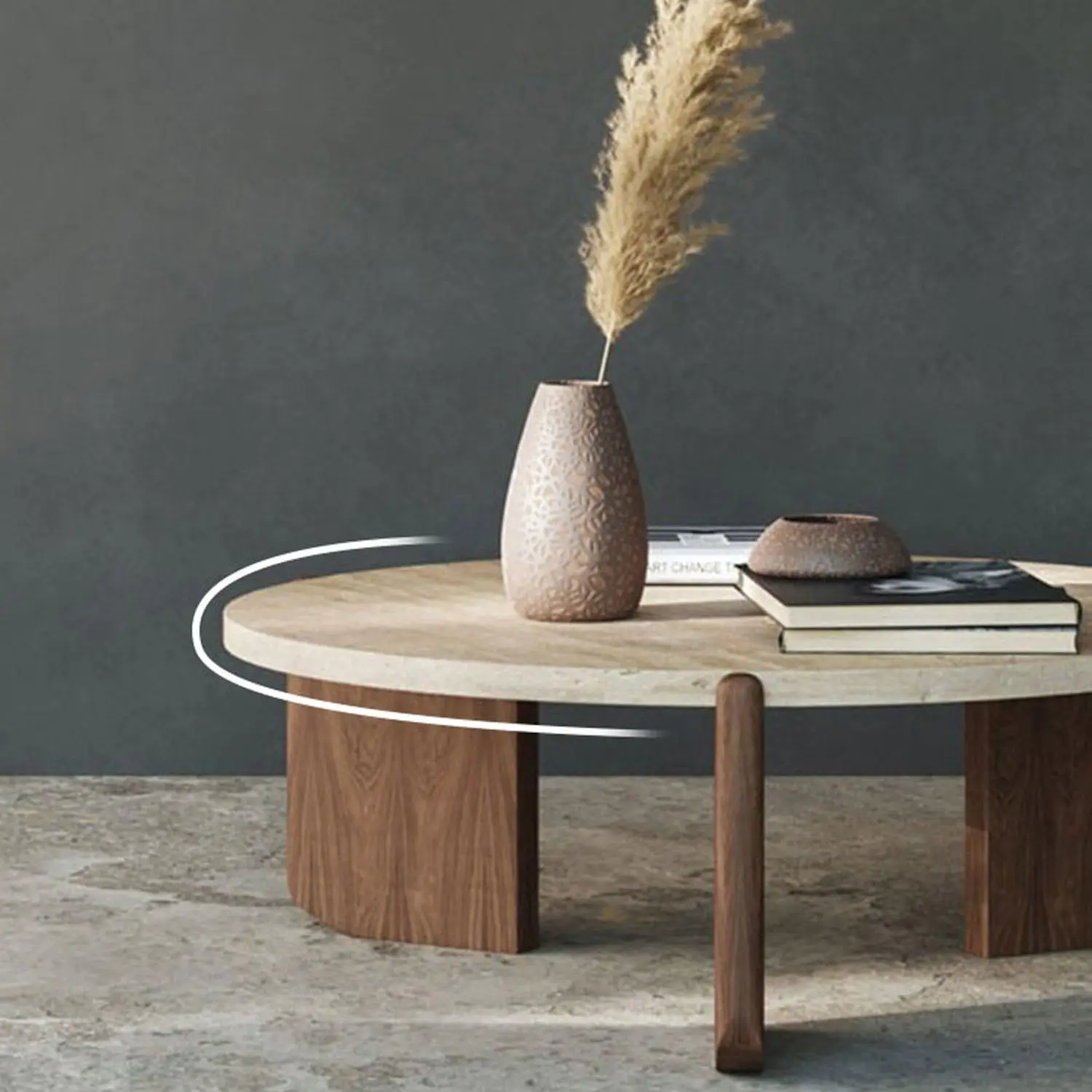 Coffee Table Modern Round Khaki Travertine Top Walnut Color Wood Base Minimalist Natural Stone Top Cocktail Solid Wood Base Cent