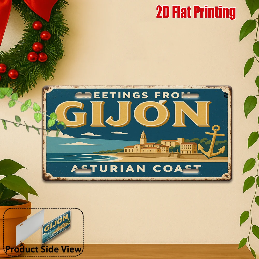 Impresión plana 2D, 1 unidad, placa de matrícula metálica vintage, arte de pared para exteriores, letrero de aluminio de la costa asturiana de Gijón, perfecto para decoración del hogar