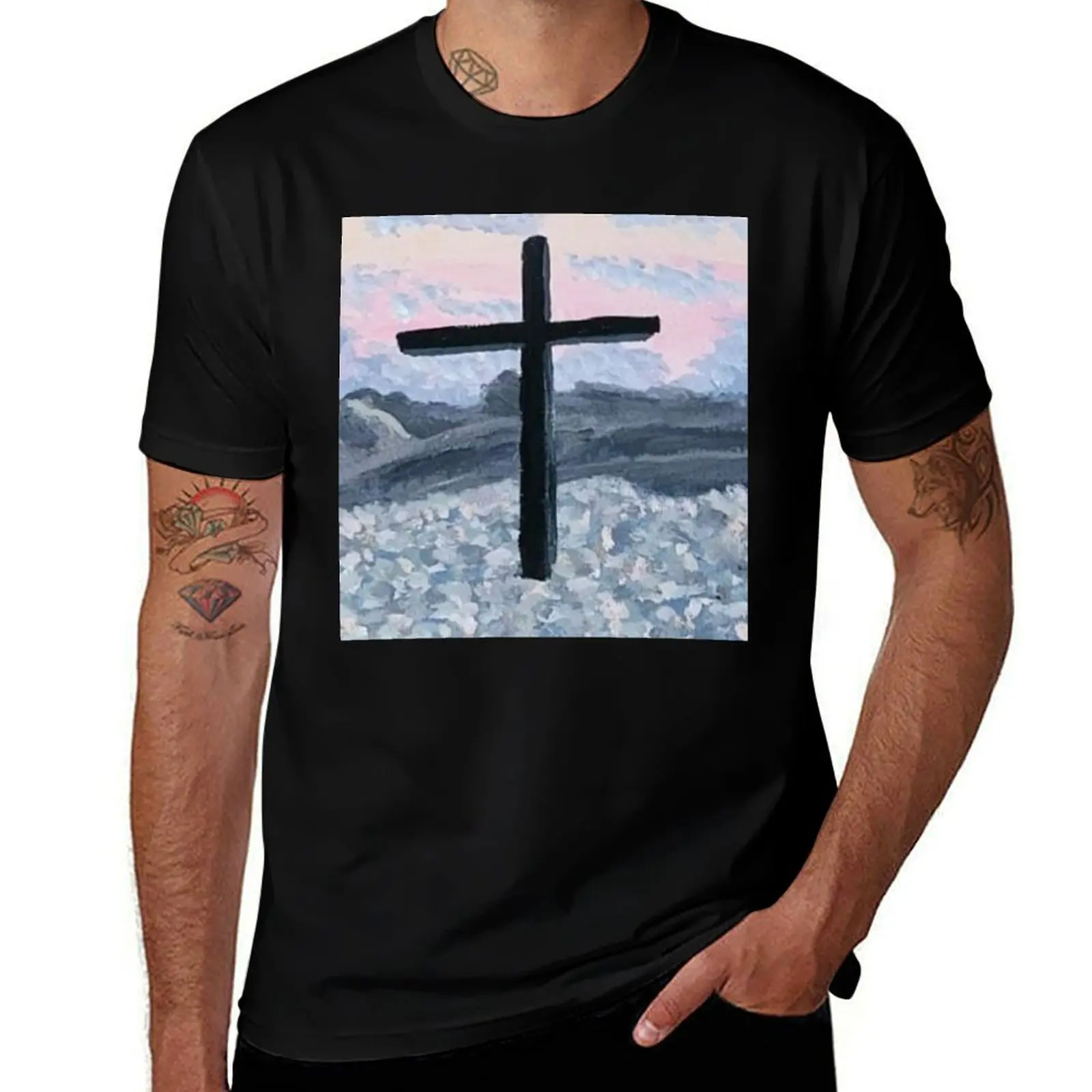 Easter Cross Sunset T-Shirt Simple Line Art Print Tee