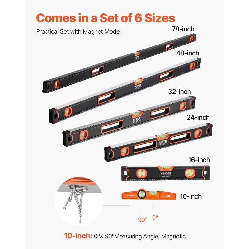 مستوى الطوربيد VEVOR مكون من 6 قطع، مجموعة مستويات الصندوق 78/48/32/24/16/10 بوصة، مسطرة قوارير الفقاعات لدرجة 45/90/180، مقاومة للصدمات