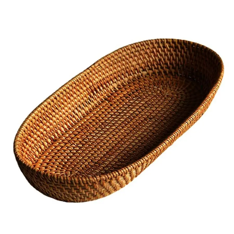 

17 Natural Rattan Honey Brown Long Narrow Oblong Baguettes Serving BasketBoho Wikcer Woven Oval Bowl with 2 Side,Decorative Loaf
