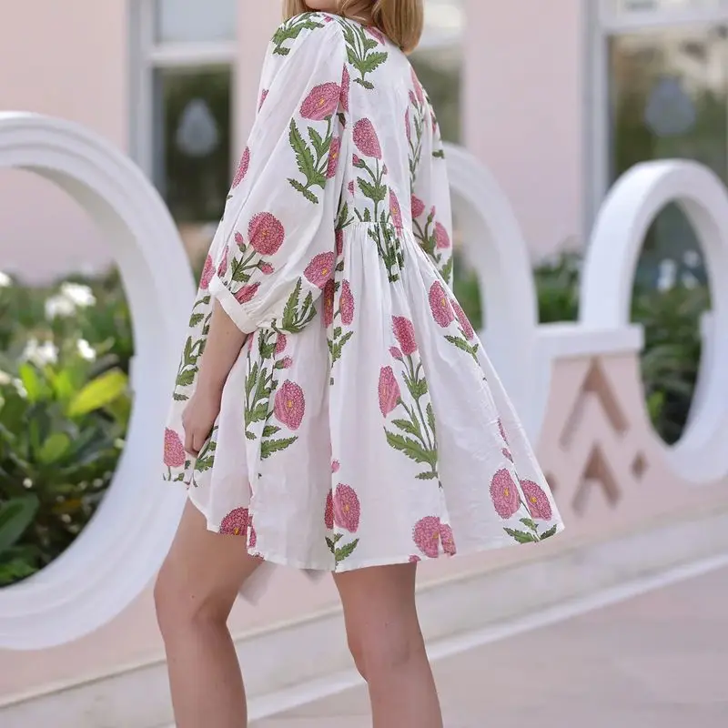 Combhasaki Damen Y2K Boho Loungewear Modische Loose Fit Ästhetischer Blumendruck Puff Langarm Kurzes Minikleid Streetwear