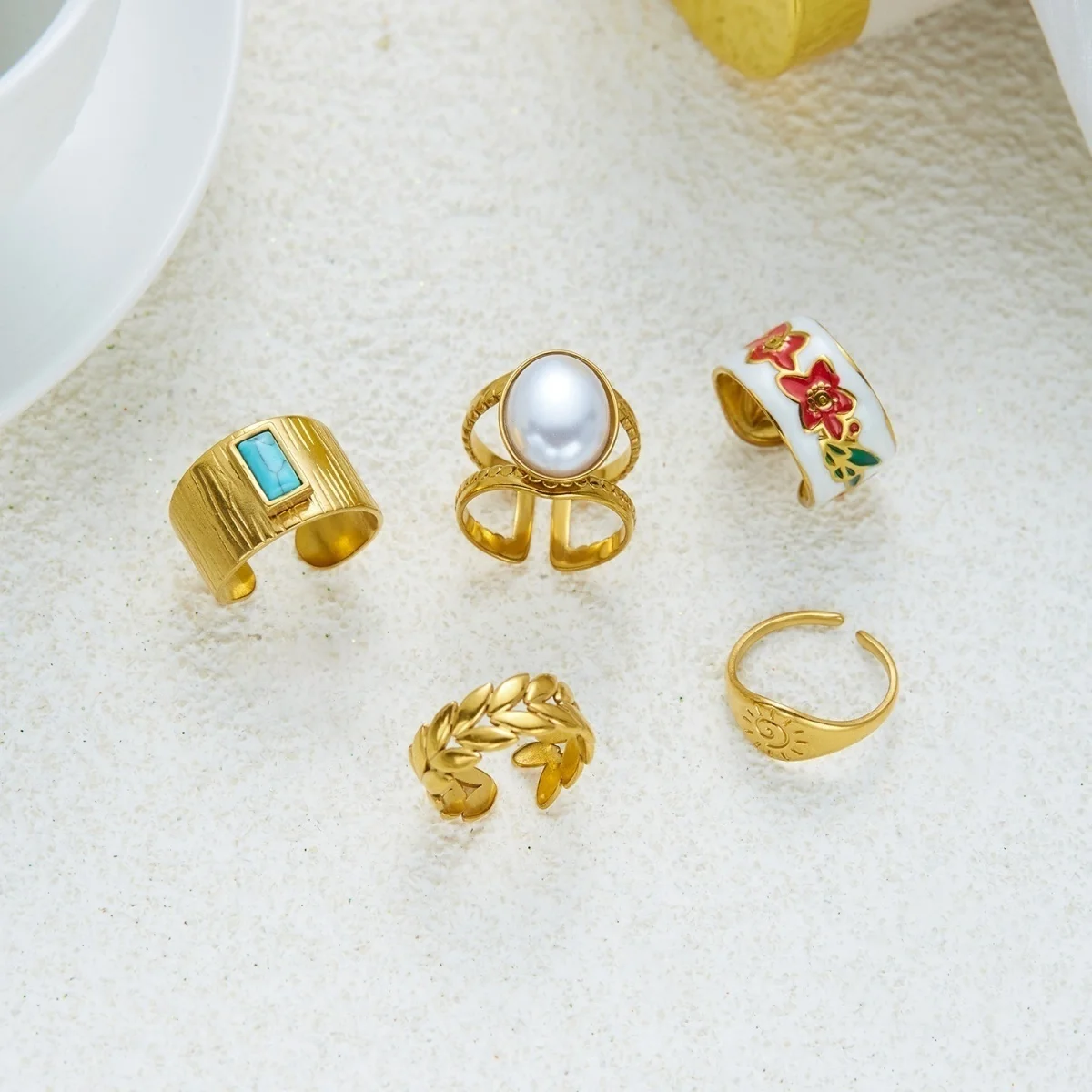Edelstahl-Sonnen-Emaille-Blumen-Weizenblatt-Simulationsperlenringe für Damen und Herren, trendige, retro-inspirierte, geometrische Breitbandringe, Schmuck – Detail 18