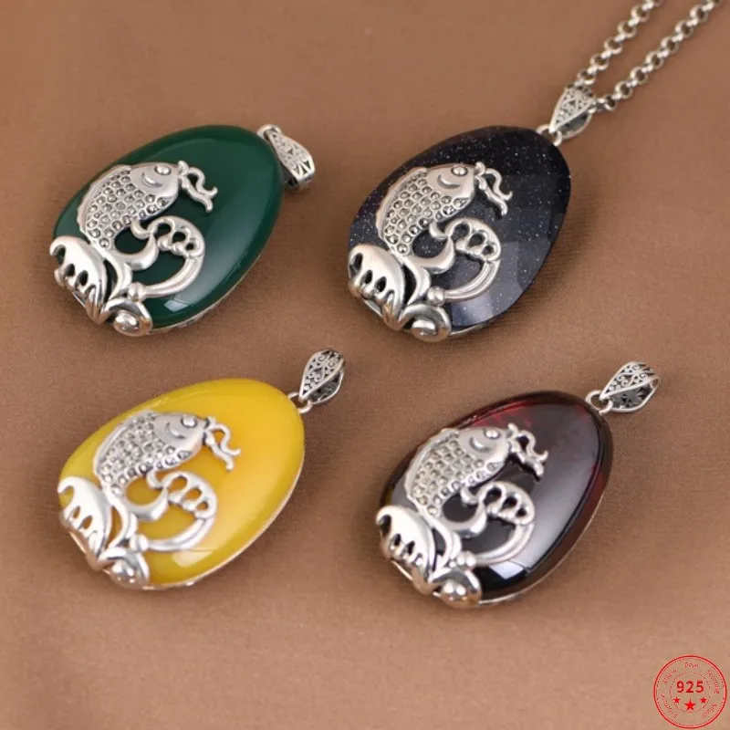 

S925 Sterling Silver Pendants for Men Women 2023 New Fashion Koi Fish Water-drops Sand Crystal Zircon Argentum Amulet Jewelry