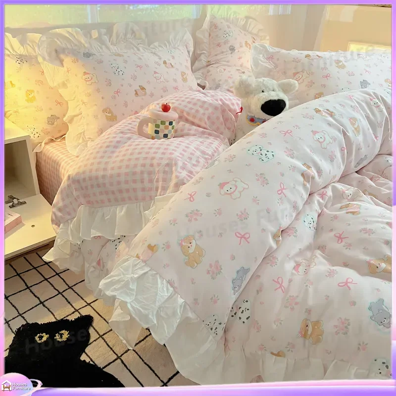 ins lace Korean version of princess style pure cotton four-piece set, girl age-reducing cotton mattress, quilt cover,