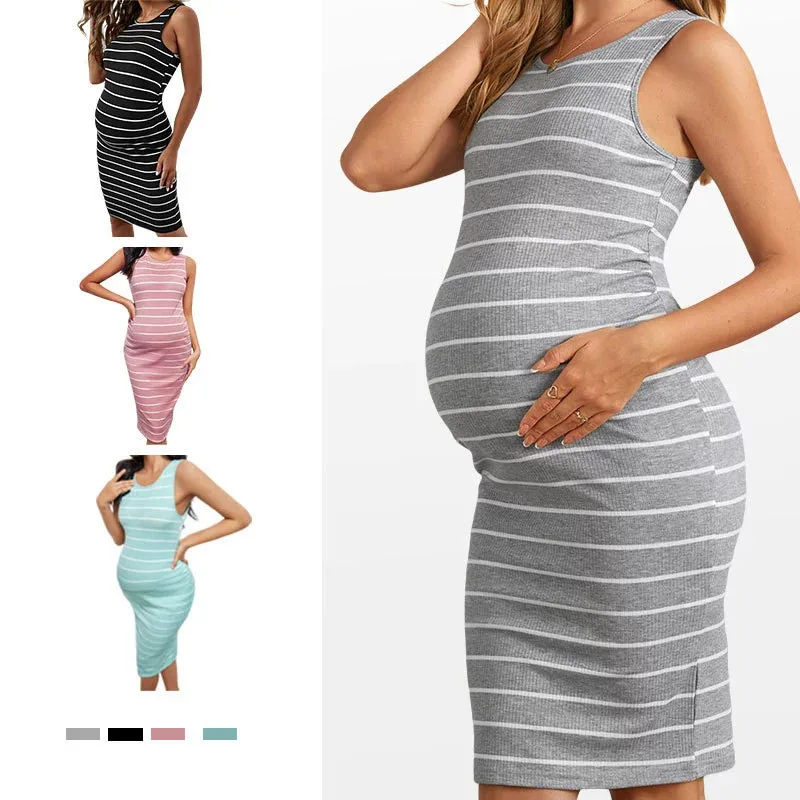 

Maternity Round-Neck Dress Casual Black And Gray Striped Elastic Tight Sleeveless Maternity Dress for Pregnant Women