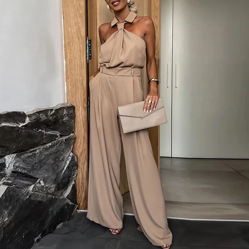 

Elegant Solid Color Sleeveless Pocket Jumpsuit New Lapel High Waist Commute Romper Summer Off Shoulder Temperament Slim Playsuit