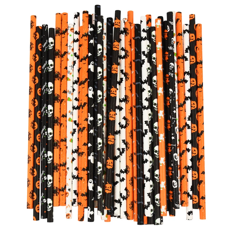 

25/50 Pcs Halloween Black Orange Paper Straws Pumpkin Bat Spider Web Pattern Paper Drinking Straws for Halloween Party Supplies