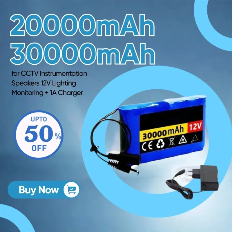

20000mAh 30000mAh Portable Rechargeable Lithium Battery for CCTV Instrumentation Speakers 12V Lighting Monitoring + 1A Charger