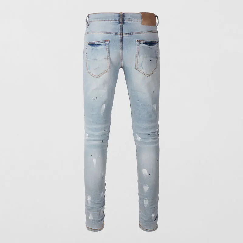 Y2K fashion new men's jeans with pleated, painted, perforated, washed, nostalgic, elastic, slim fit, retro, light blue jeans, hi