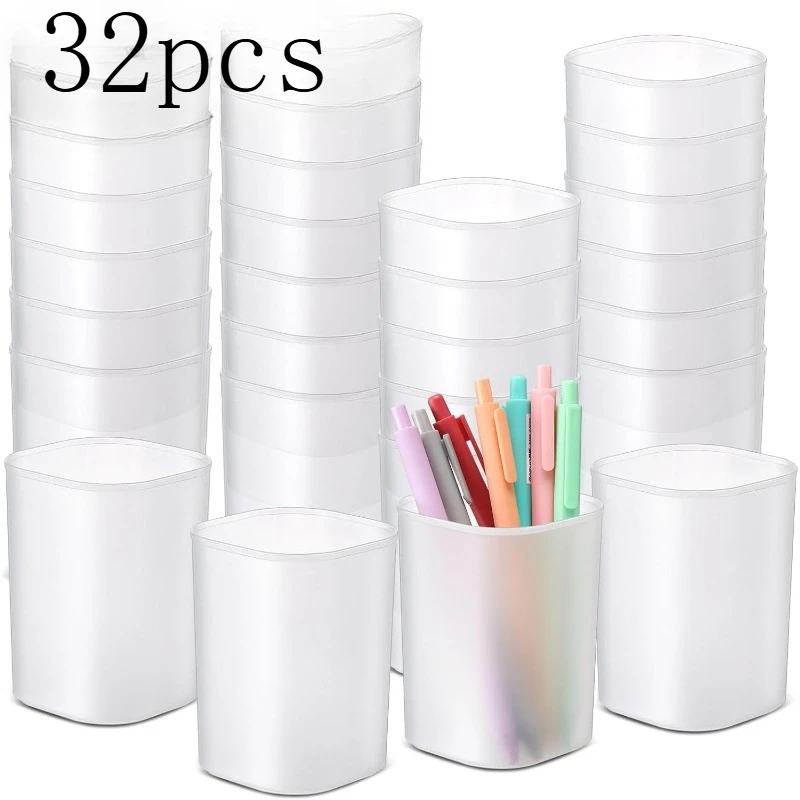32pcs Desktop Pen Holders, Matte Plastic Cups, Nordic Style Transparent Design, Suitable for Office And School Supplies (White)