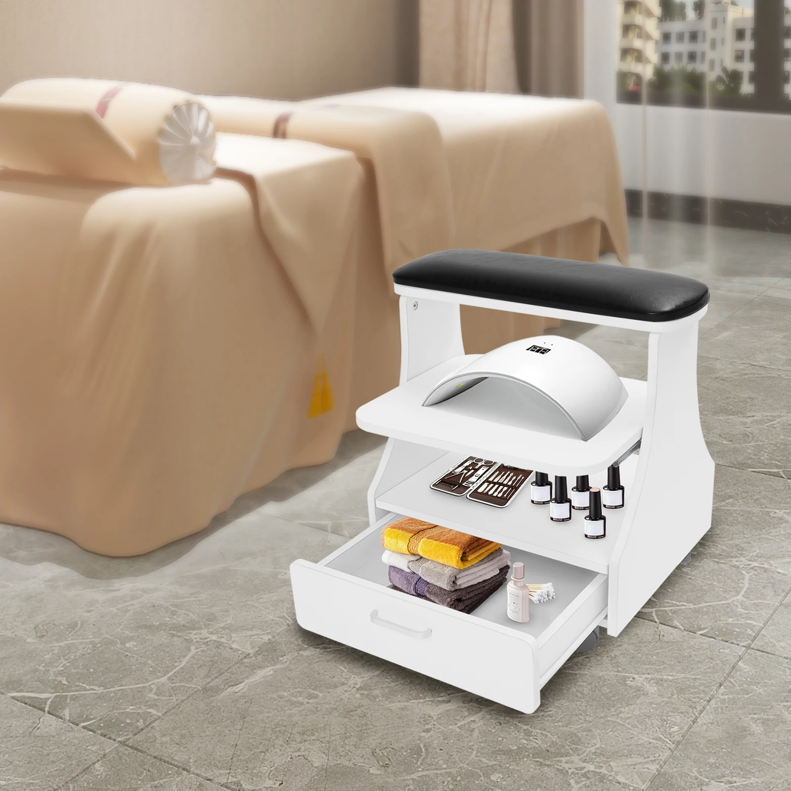 عربة التجميل المحمولة ثلاث طبقات تصميم عربة القدم مانيكير باديكير عربة لصالون التجميل مسمار ، حمام القدم سبا