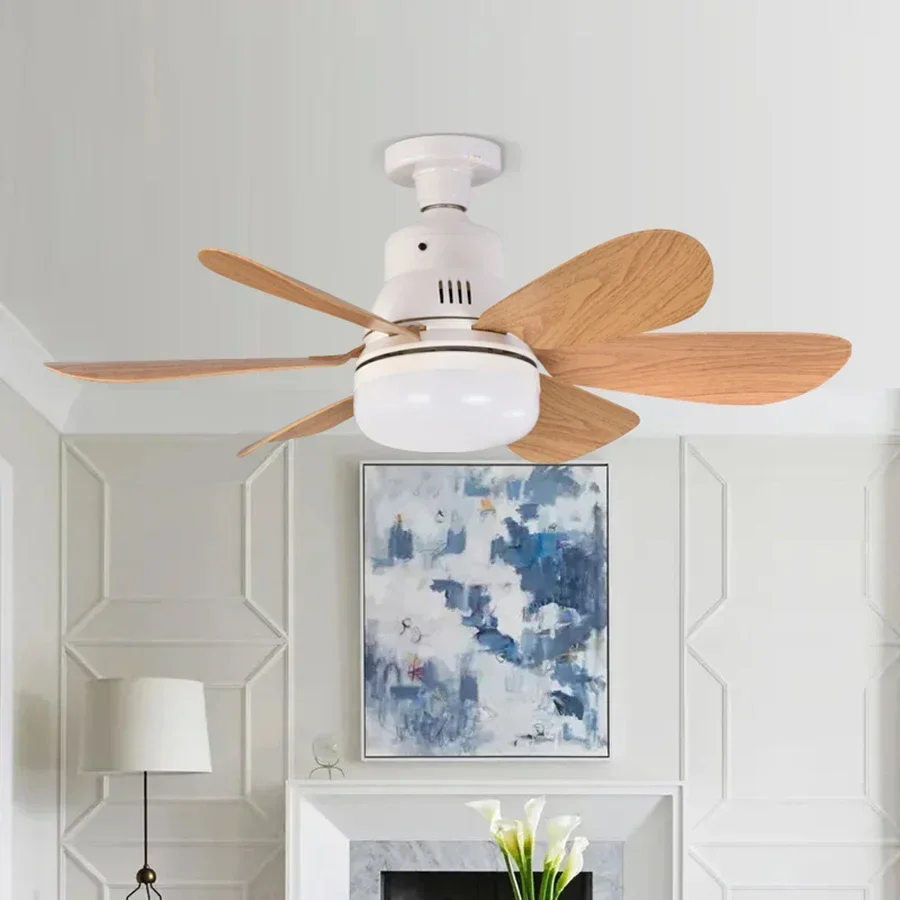 Socket Wood Grain Fan Light with Remote Control,Suitable for Living Room, Study, Household Use Ceiling Fan Light 6 Blades