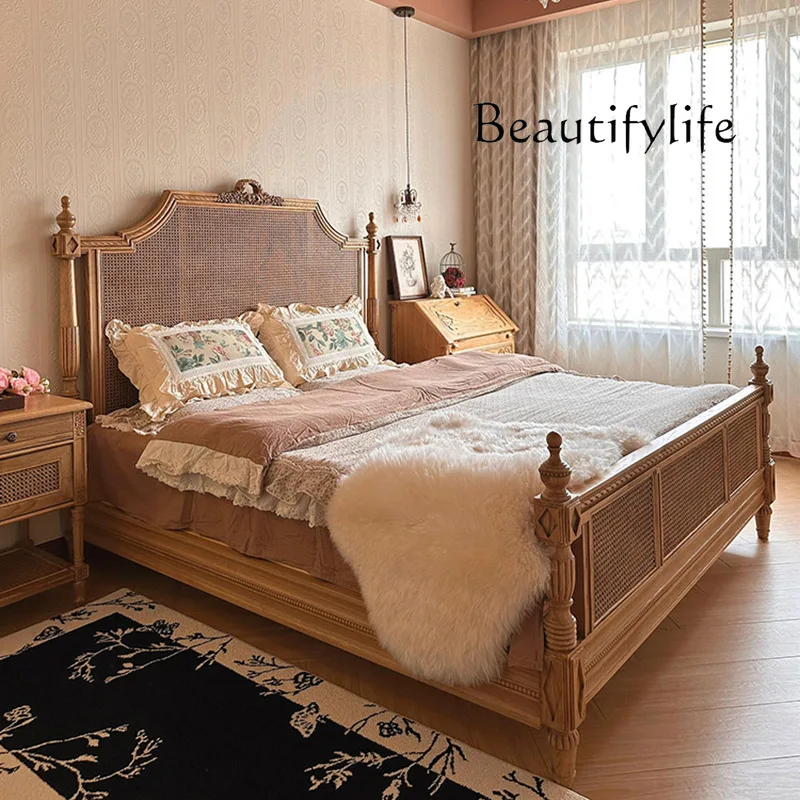 

French retro rattan homestay hotel solid wood double bed modern rattan master bedroom