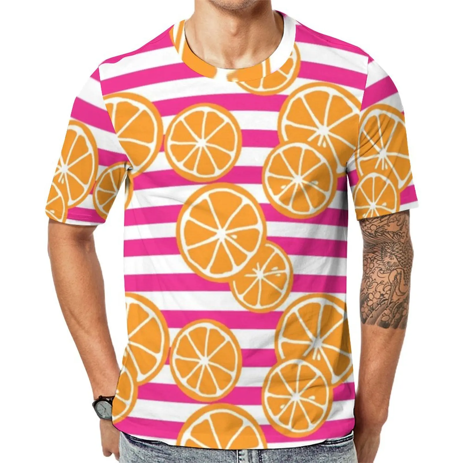 Oranges Slices T Shirt For Man Pink and White Stripes Design O Neck T Shirts Beach Harajuku Clothes Short-Sleeved Plus Size Tees