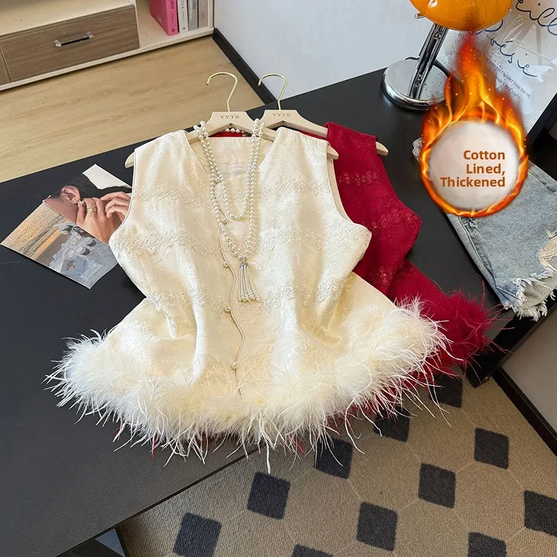 

New Chinese Sle Ladies Vest Top Faionable High-End Feelings Jaet Embroidered Commuter Thiened Winter Polyester