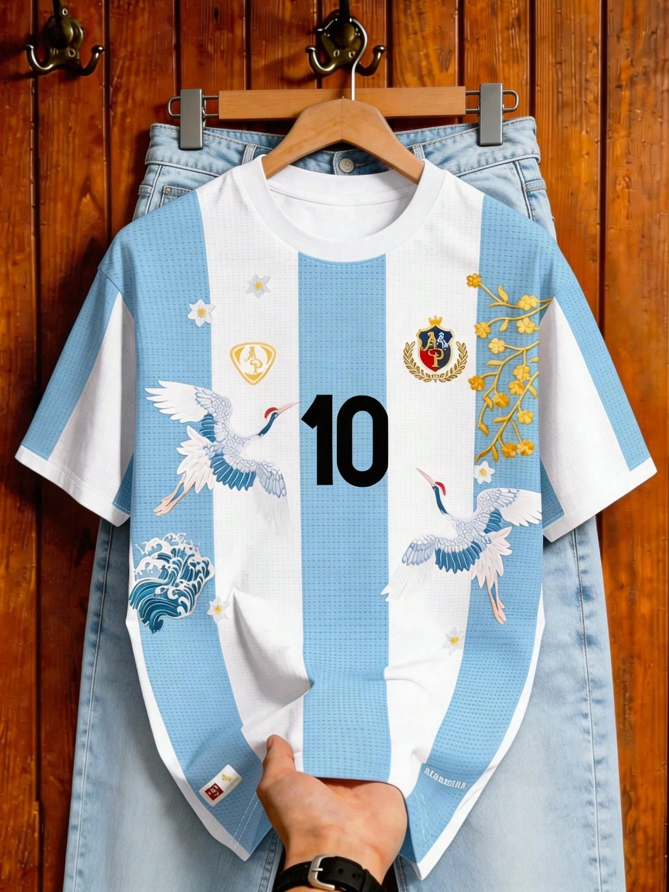 2026 Retro Argentina Style Soccer Jersey Number 10 Crane Floral Wave Art Print Short Sleeve Fan Football Shirt for Men Womends