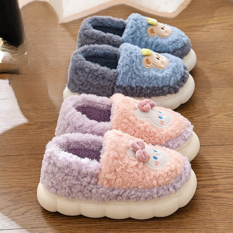 

Kids'Slippers Cartoon Fluffy Fashion Winter Shoes For Children Anti-slip Thick Bottom Home Slipper Warm Grey Blue Size 24-41