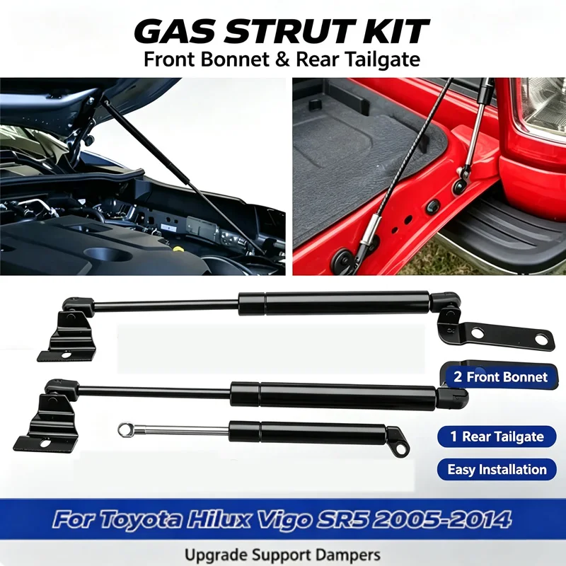 3Pcs Front Bonnet Hood & Rear Tailgate Gas Struts Lift Supports Shock Dampers For Toyota Hilux Vigo SR5 2005‑2014
