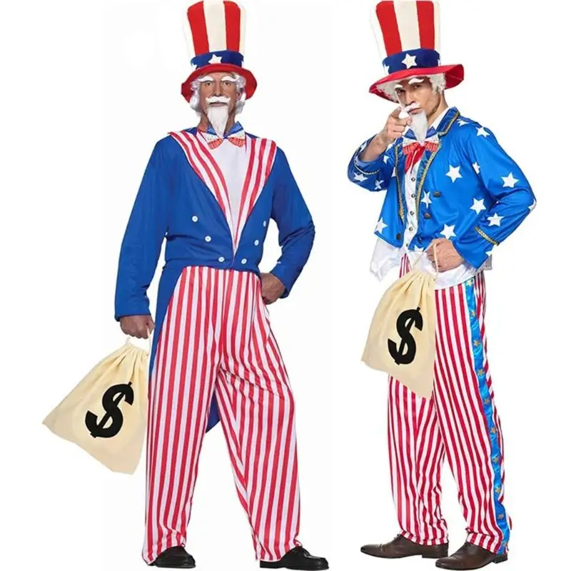 39BD erwachsene Männer Onkel patriotisch Kostümzubehör mit Hutbärchen Bowtie Perücke und Geldbag Independence Day Party Outfits