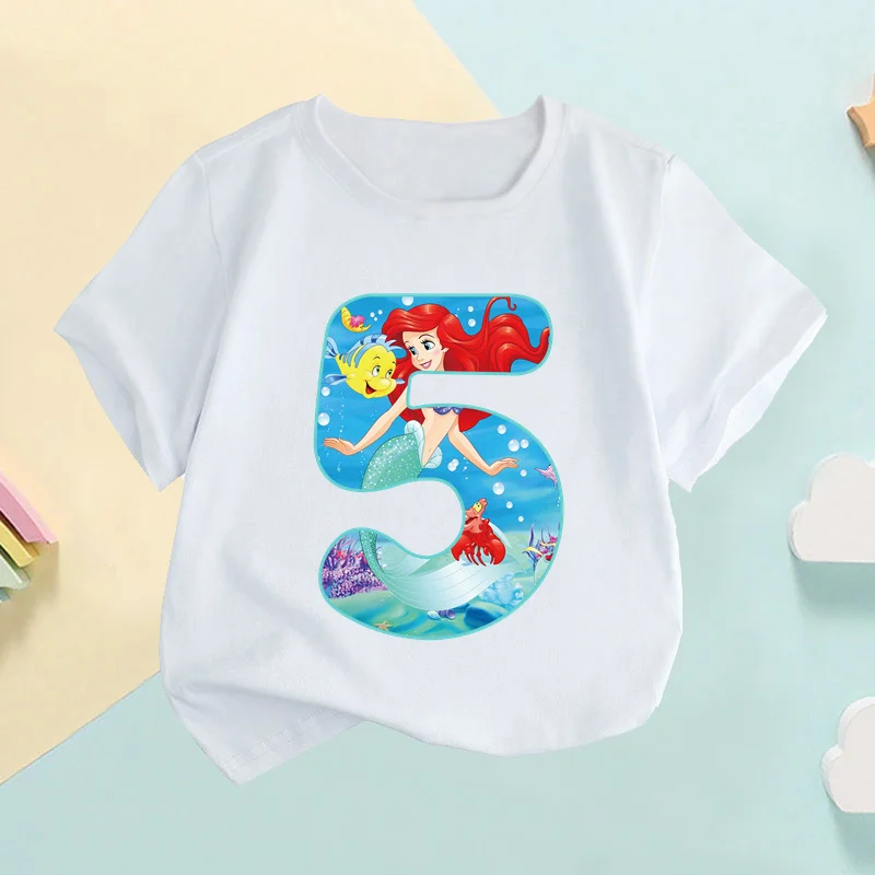 The Little Mermaid Ariel Princess Number Kids T shirt Girls Clothes 1 2 3 4 5 6 7 8 9 Years Birthday Baby Boys T-Shirts,HKP2764