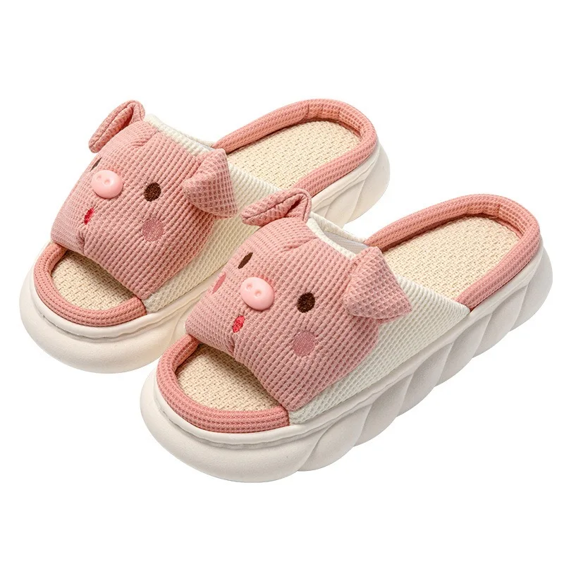 2024 New Pink 3.5cm Fashion Soft Ladies Casual Cute Piggy Pattern Design comode pantofole da casa in lino femminile