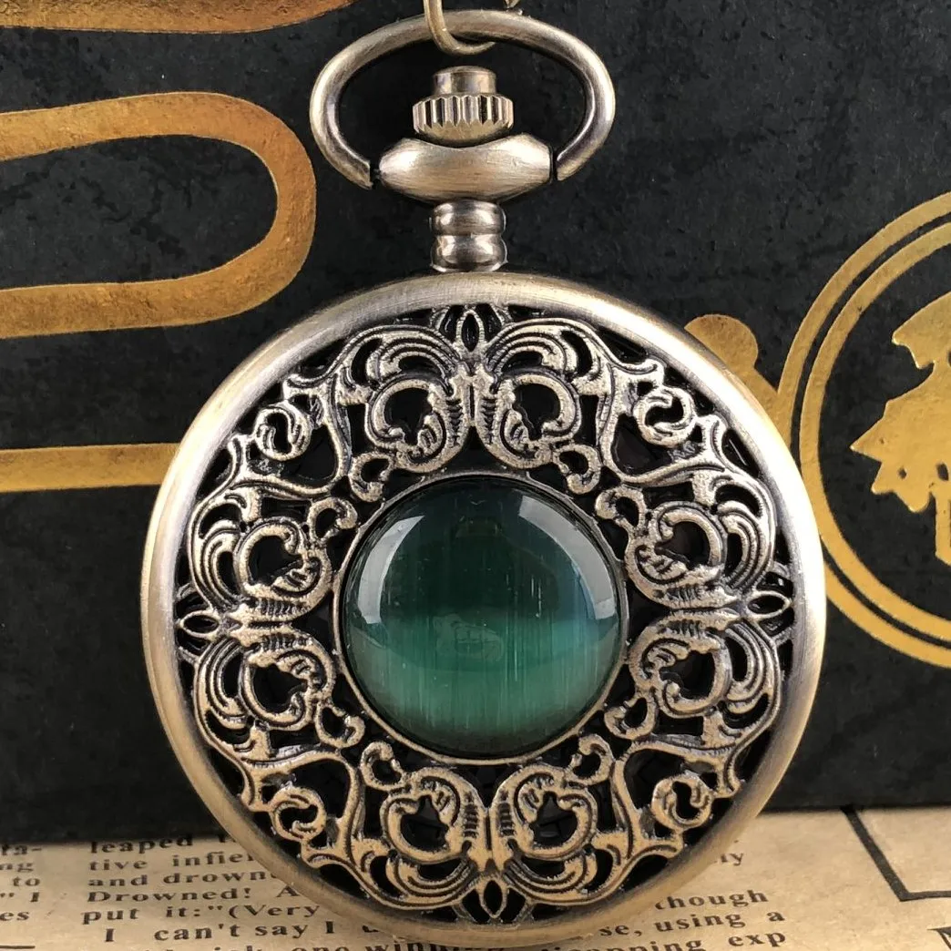 

Analog Emerald Hollow Engraved Quartz Pocket Watch Arabic Numerals Necklace Pendant Clock Men Women Student Gifts Popular