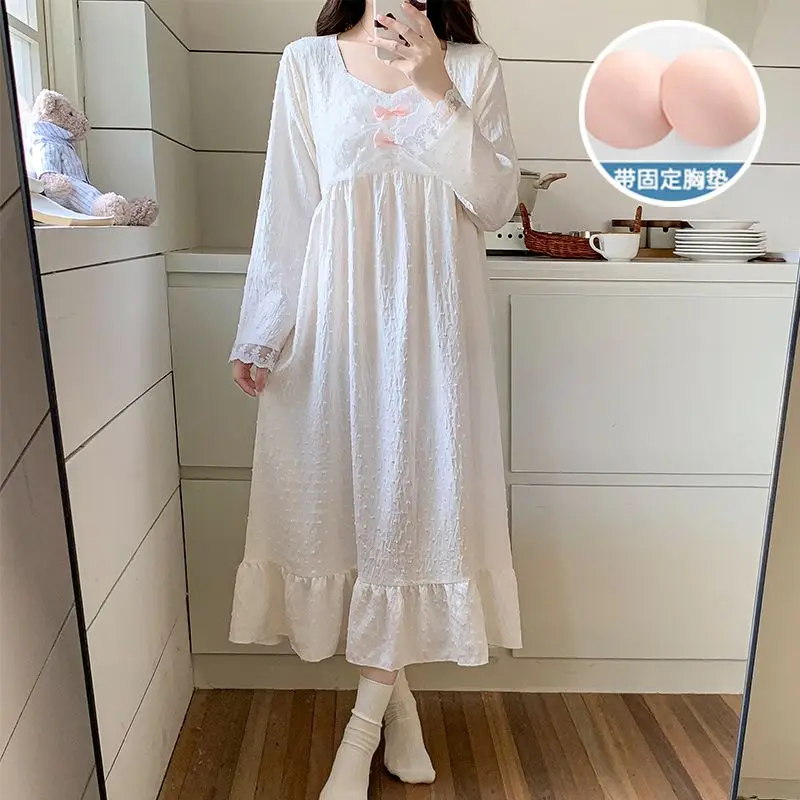 

Новая весенняя хлопковая ночная сорочка 2026 года с длинным рукавом и кружевом в корейском стиле для женщин: милая домашняя ночнушка/платье для сна