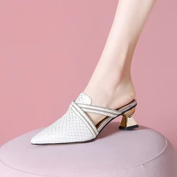 Women's New Spring/Summer Pointed Genuine Leather Snake Pattern Cowhide Comfortable and Casual High Heel Baotou Muller Slippers