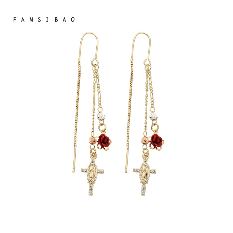 FanSibao Vintage style red rose pendant earrings  the new favorite of fashionable women accessories