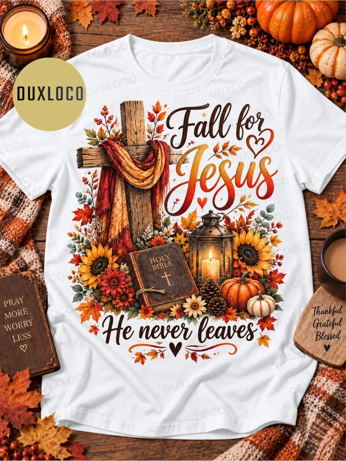 1pc Men'S And Women'S Fall for Jesus He Never Leaves Leaves Autumn Christian T-Shirt Casual Crew Neck Tee Regular Fit Short Sleeves for Fall Halloween All Seasons Perfect Gift Retro Printed 180G 100%