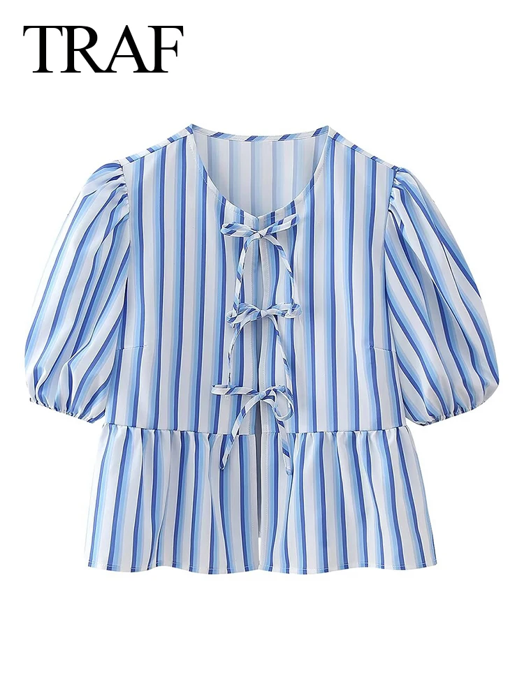 TRAF Women Elegant Stripe Lace Up Top 2024 Fashion Bow Half Sleeve Loose Tops Female Spring Summer Retro All Match Lady Shirt