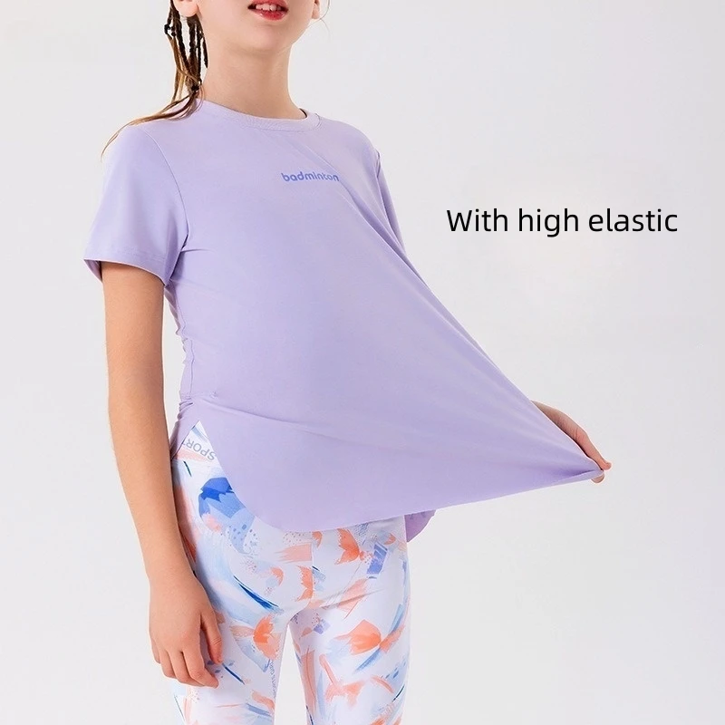 طقم يوجا للتبريد سريع الجفاف للفتيات مكون من قطعتين قمصان وبنطال ضيق للفتيات بأكمام قصيرة UF 50+ طقم تمرين رياضي للأطفال (7-12)