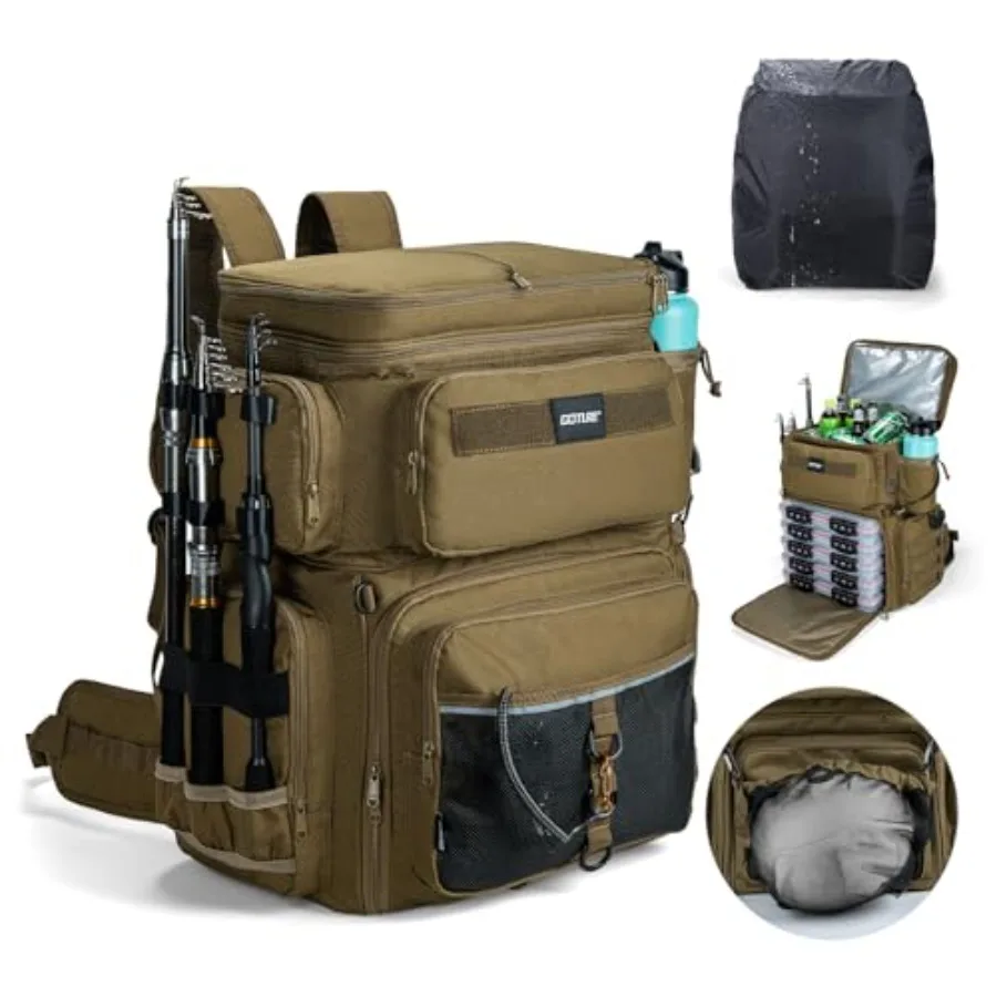 

Рыболовный рюкзак 66 л, 600D, с термокомпонентом, 3 держателями для удилищ, держателем для шлема, дождевиком, для соленой воды, большая сумка для снаряжения для кемпинга и походов